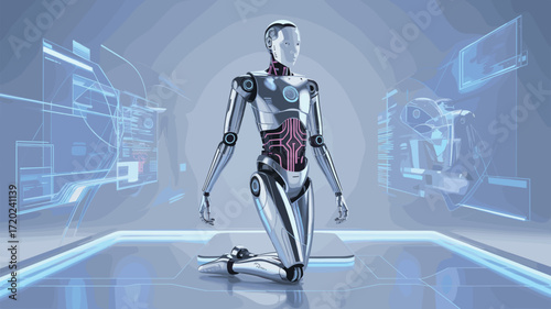 Cyborg humanoid kneeling in advanced digital space. AI and robotic development. Virtual reality interface.