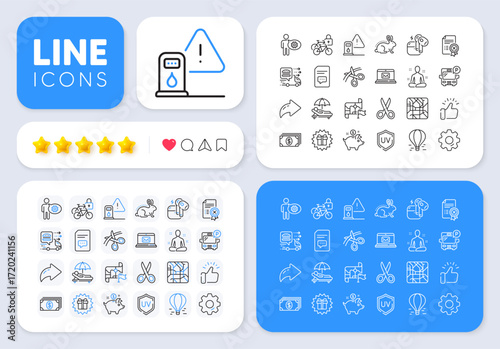 Comments, Food delivery and Metro map line icons for web app. Message, Share, Like social media icons. Pack of Bus parking, Uv protection, Banking pictogram icons. Vector