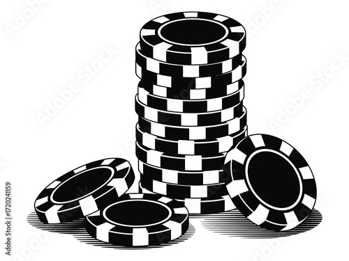 Stacked gambling chips detailed hand-drawn illustration ideal for poker, casino, and betting