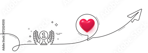 Laureate award line icon. Continuous line with share plane. Winner prize symbol. Prize with Laurel wreath sign. 3d heart in speech bubble. Laureate award single line ribbon. Loop curve pattern. Vector