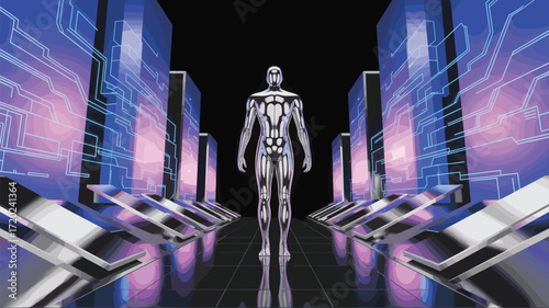Humanoid android stands, server room, blue glowing circuits, digital data storage, advanced computing infrastructure.