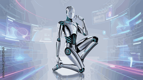 Humanoid robot posing, with holographic interface screens; artificial intelligence innovation; future technology platform