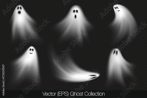 Spooky transparent ghost illustration set isolated on transparent background, perfect for Halloween decoration, vector (EPS) illustration