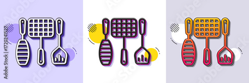 Grill tools line icon. Halftone dotted pattern. Gradient icon with grain shadow. Barbecue utensils sign. Food cooking baskets and spatula symbol. Line grill tools icon. Various designs. Vector