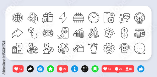 Diesel station, Savings insurance and Edit person line icons pack. Social media: share, comment, like icons. Consulting, Swipe up, Fitness web icon. Vector