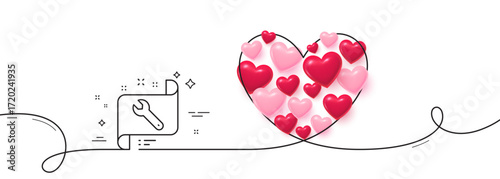 Spanner tool line icon. Continuous line big heart. Repair service blueprint sign. Fix instruments symbol. 3d hearts in heart shaped loop. Spanner single line ribbon. Loop curve pattern. Vector