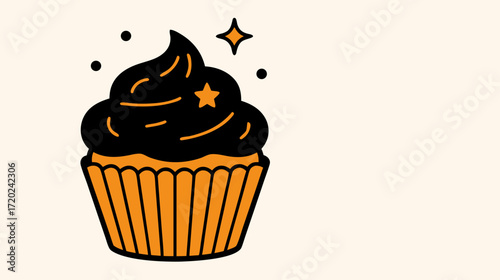 Chocolate cupcake with swirled frosting and decorative stars  