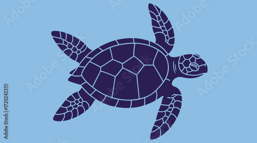 Dark blue turtle silhouette swimming on light blue background  