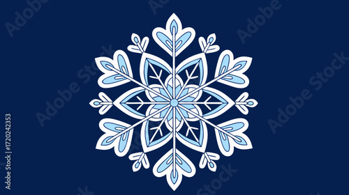 Decorative snowflake design in blue and white on dark background  