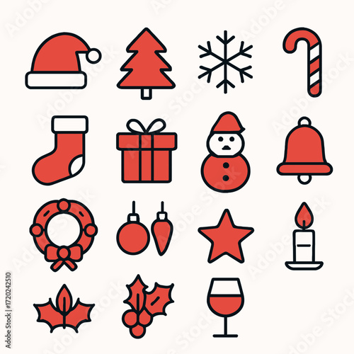 Minimalist Christmas Icons – Red and Black Festive Set
