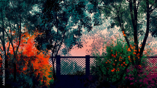 Garden Vista with Lush Flora and Distant Fence at Sunset Glow