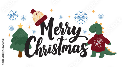 Fototapeta Naklejka Na Ścianę i Meble -  Christmas greeting card with cute dinosaur in winter sweater, Christmas tree with star, knitted hat, snowflakes and festive lettering Merry Christmas — holiday illustration for kids, New Year design.