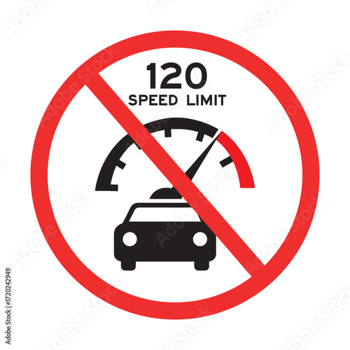 no speeding warning sign with 120 speed limit and red prohibition circle for road safety awareness