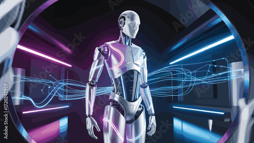 Humanoid robot futuristic room. Android glowing lines. Artificial intelligence technology. Machine learning future concept.