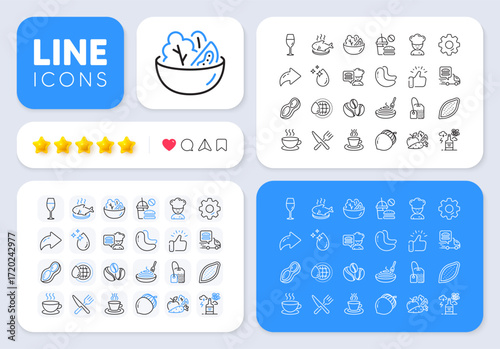 Wineglass, Chef and Fish dish line icons for web app. Message, Share, Like social media icons. Pack of Cappuccino, Alcohol addiction, Pasta dish pictogram icons. Vector
