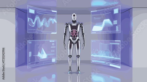 Chrome android in high-tech laboratory interface, futuristic data analysis and digital communication concept