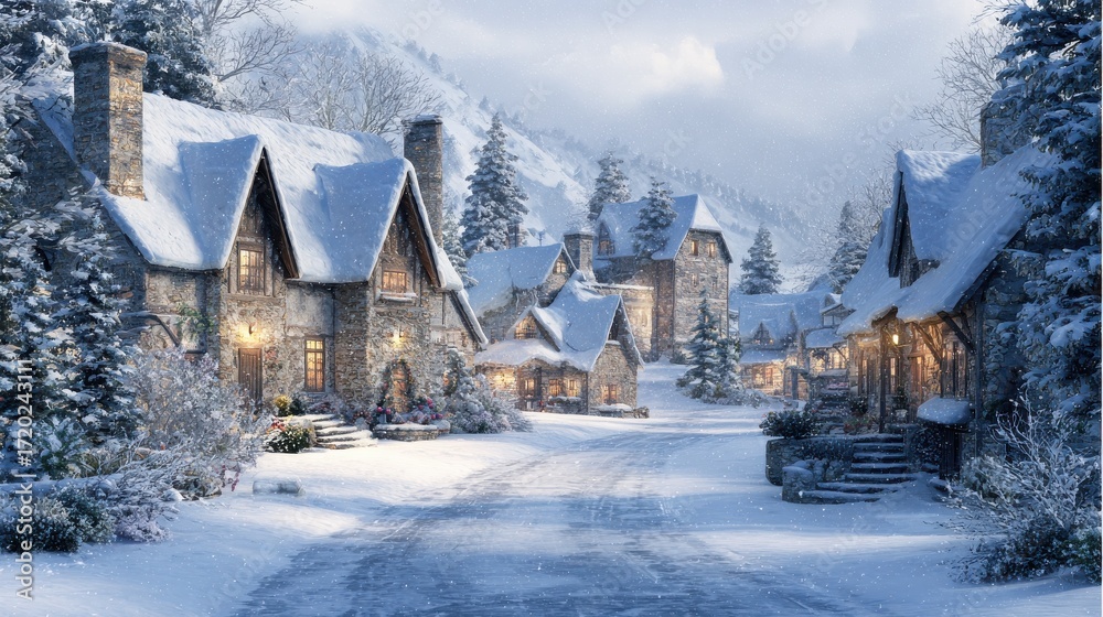 Naklejka premium happy new year 2026 greeting card featuring charming snowy village