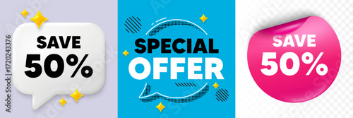 Discount speech bubble. 3d sparkles chat, Paper sticker. Save 50 percent off tag. Sale Discount offer price sign. Special offer symbol. Special offer bubble. Halftone dots pattern. Vector