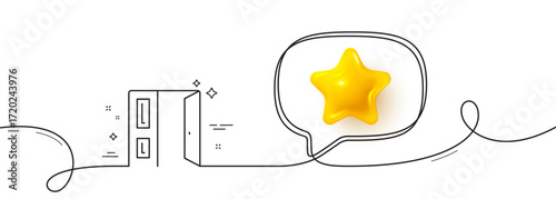 Open door line icon. Continuous line with 3d star. Entrance doorway sign. Building exit symbol. 3d star in speech bubble. Open door single line ribbon. Loop curve pattern. Vector
