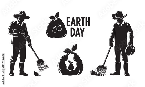 Silhouettes of people cleaning and recycling symbols with the words Earth Day represent environmental awareness and action.