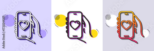 Dating app line icon. Halftone dotted pattern. Gradient icon with grain shadow. Hand hold phone sign. Cellphone with screen notification symbol. Line dating app icon. Various designs. Vector
