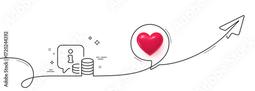 Information line icon. Continuous line with share plane. Info speech bubble sign. Money inform symbol. 3d heart in speech bubble. Info single line ribbon. Loop curve pattern. Vector