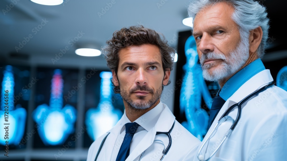 Fototapeta premium Two male doctors in hospital setting analyzing medical scans on digital display. Medical professionals in white coats with stethoscopes analyzing radiology scans in hospital environment. 