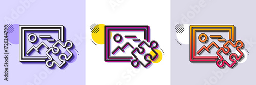 Puzzle image line icon. Halftone dotted pattern. Gradient icon with grain shadow. Jigsaw piece with photo sign. Business challenge symbol. Line puzzle image icon. Various designs. Vector