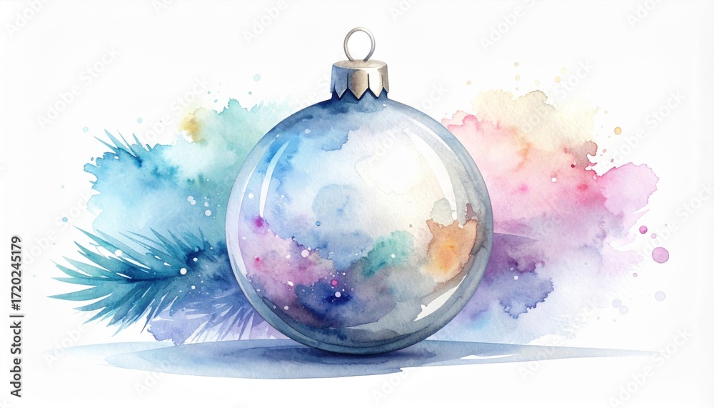 Fototapeta premium Watercolor Christmas Ornament With Blue and Pastel Color Splash on White Background