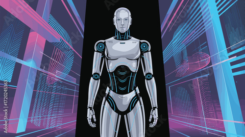 Advanced robot intelligence, futuristic technology, virtual reality, science fiction digital world.