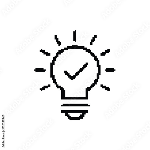 Pixel art light bulb with a check mark symbolizing a confirmed great idea solution concept
