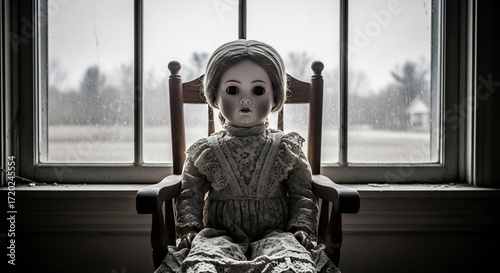 Creepy doll sitting on a chair. Perfect for Halloween designs, horror movie posters, haunted house ads, or eerie book covers. Dark, unsettling and vintage feeling.