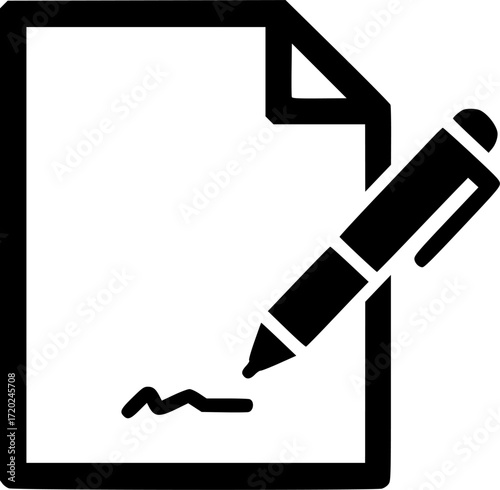 a black and white icon of a document with a pen writing on it