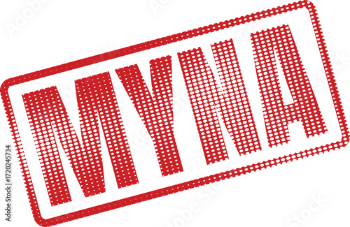 Red halftone pattern displays the letters MYNA within a skewed rectangular frame on white