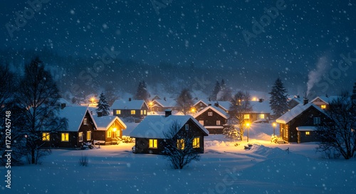 Wallpaper Mural Snowy village with glowing houses at night Torontodigital.ca