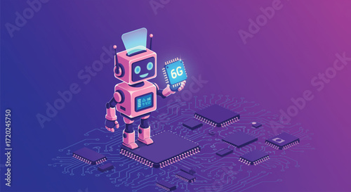 Cute Robot Holds 6G Chip, Illustrating Future Tech. An adorable, cartoonish robot stands atop a circuit board, holding a 6G chip. EPS Vector
