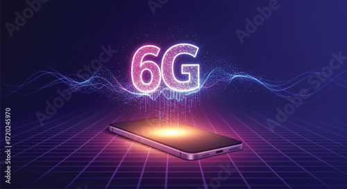 Futuristic 6G Network Technology Concept with Smartphone. A vibrant, futuristic image showcasing the concept of 6G mobile technology. EPS Vector