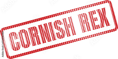 The phrase Cornish Rex appears inside a red halftone stamp on white