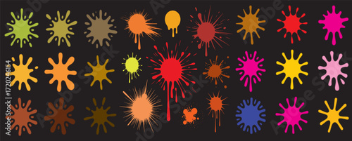 Collection of black paint drops, ink splashes, and dripping spots in a rough hand-drawn style. Features messy blot shapes, spray marks, 