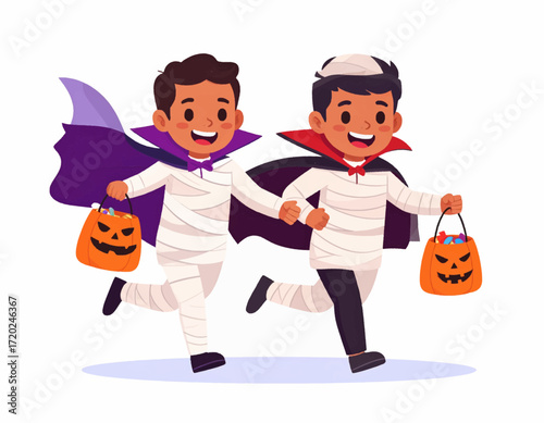 Boys in Halloween Costumes Running with Pumpkin Buckets