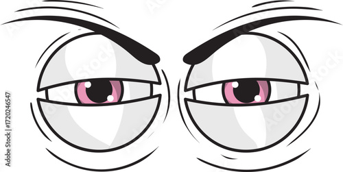 Mischievous cartoon eyes with pink irises thick black outlines and arched eyebrows vector art.