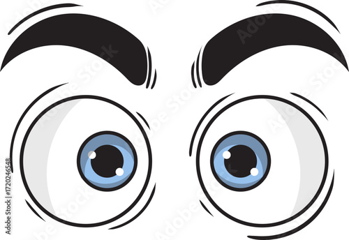Intense wideeyed cartoon blue eyes with thick black eyebrows expressive vector graphic.
