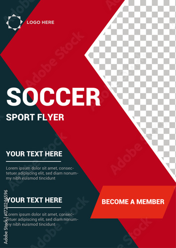 Dynamic soccer flyer template with bold red geometric layout, photo placeholder, and editable text. Perfect for sports events, clubs, and tournaments