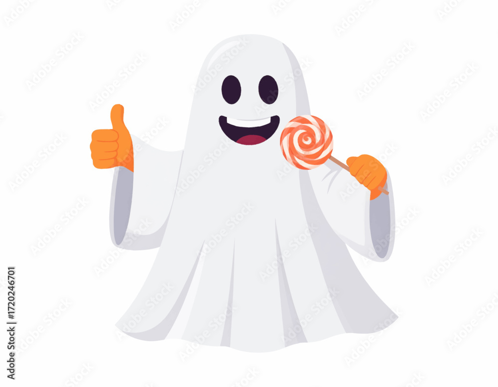 Obraz premium Cute cartoon ghost character holding a lollipop and giving a thumbs up, perfect for Halloween celebrations and spooky-themed designs