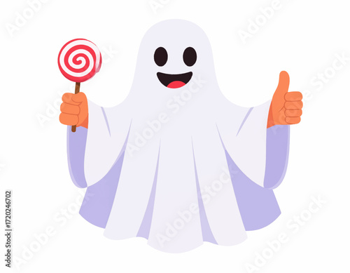 A cheerful ghost mascot gives a thumbs up while holding a delicious lollipop, a friendly character for spooky holiday designs