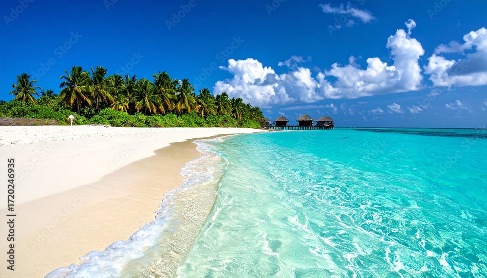 Fototapeta premium Tropical Paradise Beach Getaway: White Sand Turquoise Water Luxury Vacation.