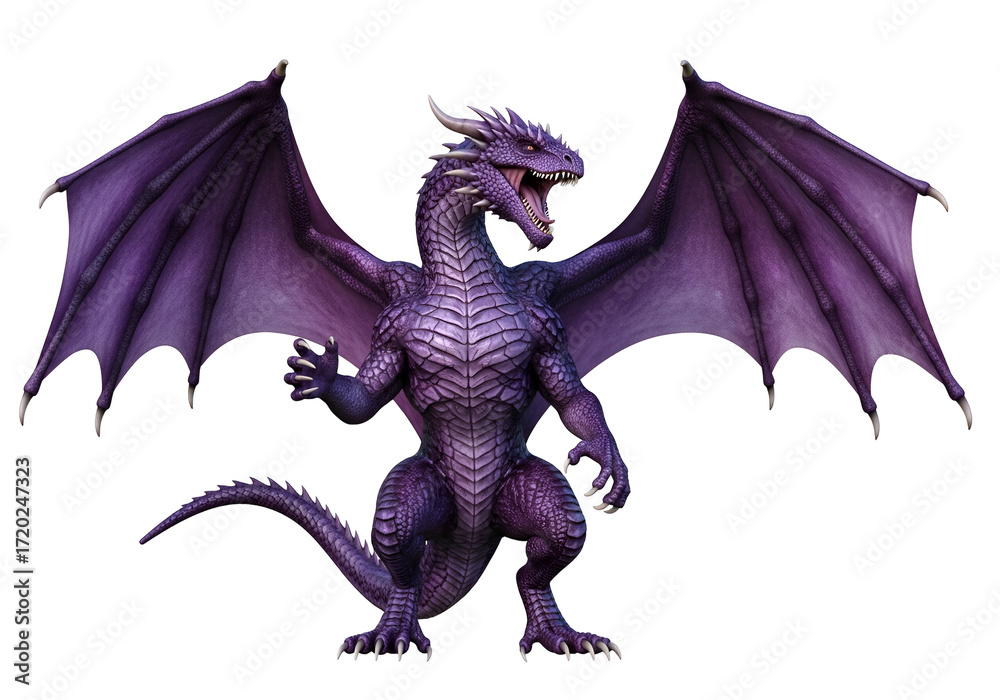 Naklejka premium A magnificent, vibrant purple dragon spreads its wings against a stark black backdrop, showcasing its powerful posture and imposing presence.