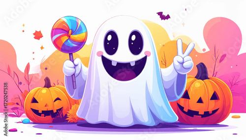 Cute cartoon ghost with a joyful smile, holding a vibrant lollipop and making a peace sign, surrounded by festive jack-o'-lanterns, embodying the cheerful concept of Halloween celebration