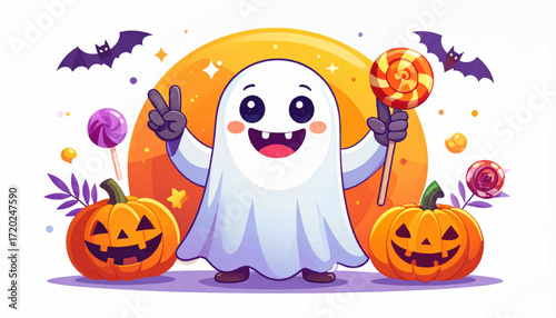 Adorable Ghost Celebrates Halloween with Candy and Pumpkins