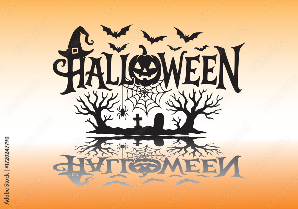 Obraz premium Halloween typography with bats, pumpkin, witch hat, spider web and graveyard silhouette. Spooky festive illustration for posters, invitations, party flyers and seasonal design.